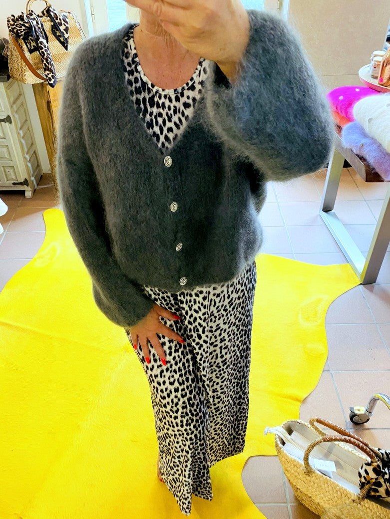 Cardigan Strickjacke Mohair 80% Anthrazit mit glitzernden Silberknöpfen One Size 30030