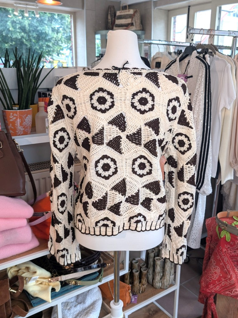 Pullover Feinstrick Häkeloptik Blumen Créme Coffee Braun One Size - Made in Italien M5UXCR1