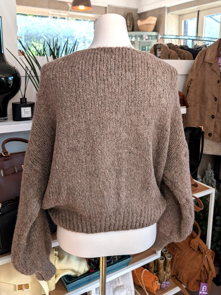 Der weiche Pullover aus Wolle-Viskose-Mischung Taupe mit V-Ausschnitt verbindet flauschigen Komfort mit eleganten Knotendesign - perfekt für kühlere Tage!