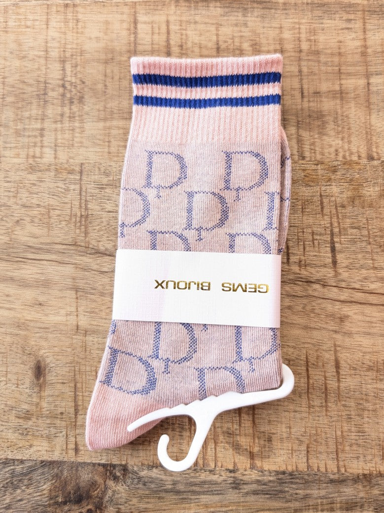 Socks / Socken Rosa mit blauen Akzenten im Dior Stil aus Baumwolle in Einheitsgröße, die sich jedem Fuß perfekt anpasst
