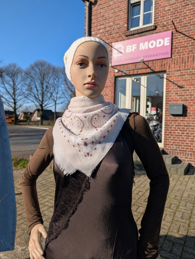 Raffiniert elegantes Tuch aus leichter Viskose im Kujten Stil in Beige Weiß Braun. Bietet Styling Möglichkeiten wie Halstuch, Kopftuch oder stilvolles Accessoire!