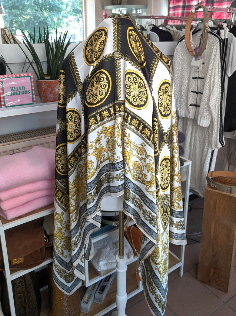 Hochwertiges Rechtecktuch im zeitlosen Versace-Stil in Crème Schwarz Gold aus Seide Viskose - als Schultertuch, Halstuch, Hüfttuch oder elegantes Accessoire.