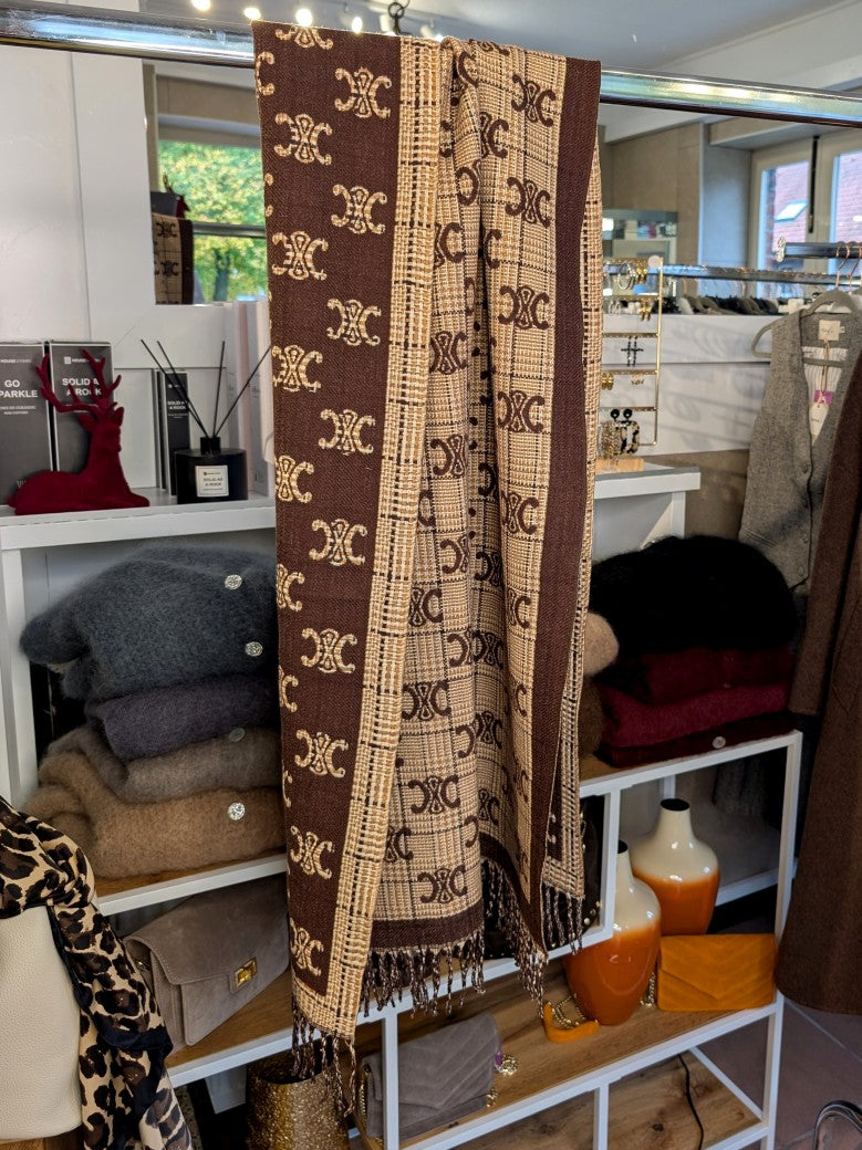Elegantes Wendetuch im Leo Fendi Stil in Coffee Braun Beige Gold mit Fransen aus hochwertiger Viskose und Wolle - Stylingmöglichkeiten von lässig bis chic!