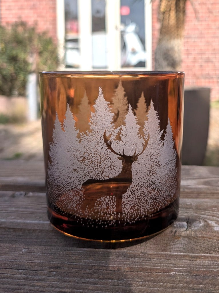 Windlicht Teelicht dickes Glas Waldleben Hirsch Cognac Braun 12x12cm – BF MODE