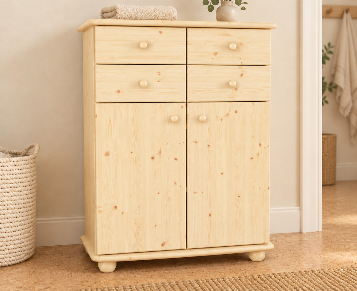Anika Kommode Sideboard aus 100% Bio Kiefer Massivholz | 2-Türig | 4 Schubladen Anrichte