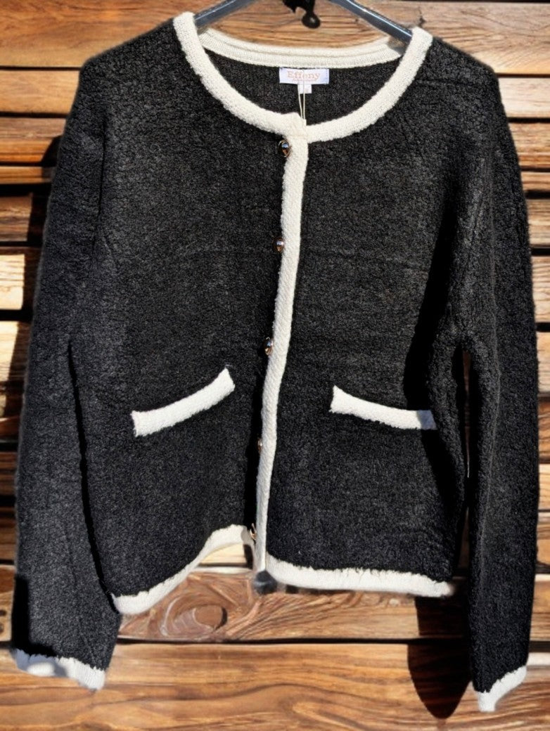 Cardigan Chanel Style Damen Strickjacke Bouclé Schwarz Beige Viskose Goldknöpfe One Size