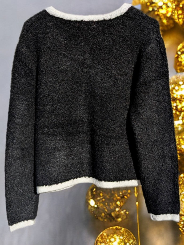 Cardigan Chanel Style Damen Strickjacke Bouclé Schwarz Beige Viskose Goldknöpfe One Size