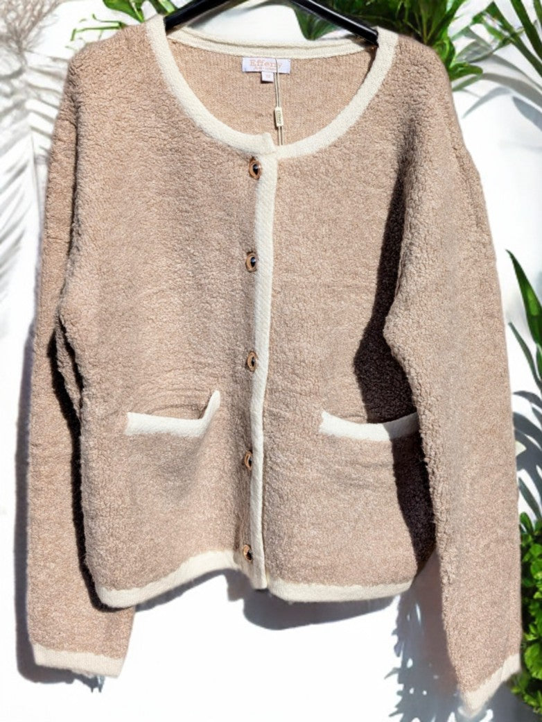 Cardigan Chanel Style Damen Strickjacke Bouclé Taupe Beige Goldknöpfe Viskose One Size