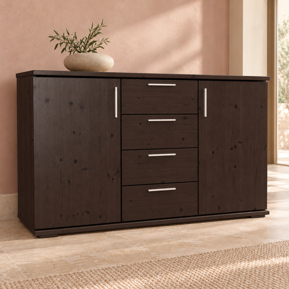 Nobis Kommode aus Massivholz | Sideboard mit 4 Schubladen und 2 Türen | 100% Bio Kiefer Massivholz