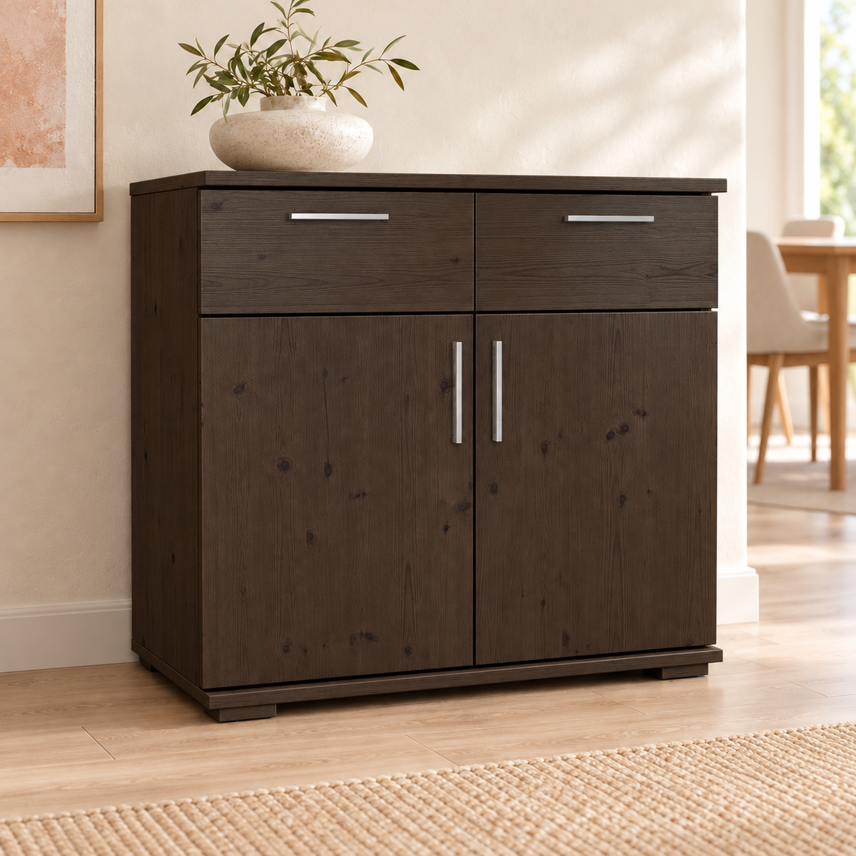 Nobis Kommode Massivholz aus 100% Bio Kiefer | 2-Türig mit 2 Schubladen für stilvolles Wohnen