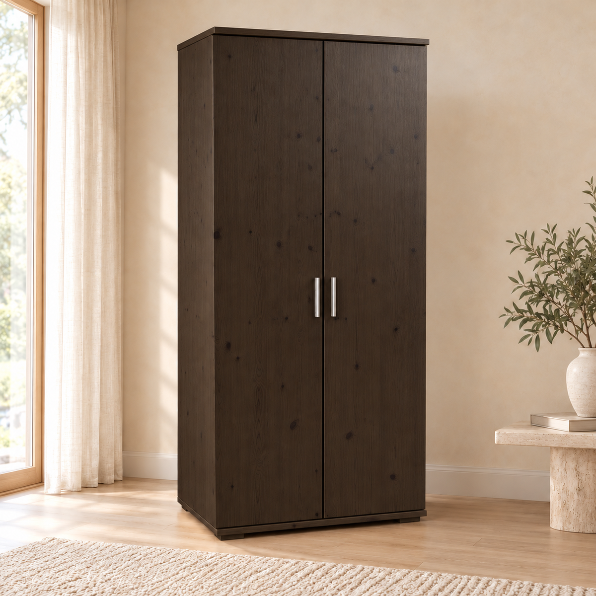 Nobis Kleiderschrank Bio Kiefer | 2-Türig mit Kleiderstange und Regalen aus 100% massivem Holz