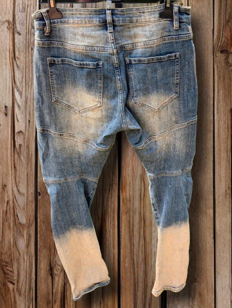 Lässige rockige Blau Beige Jeanshose mit verwaschenem Finish für jeden Anlass | Damen