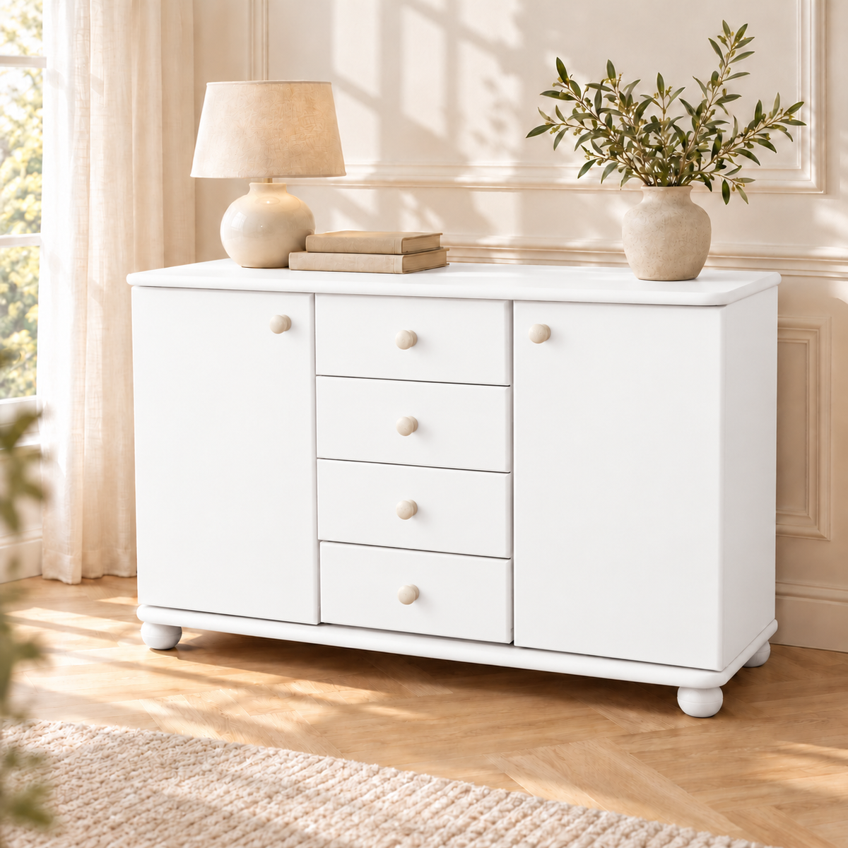 Claudia Kommode Bio Massivholz | Sideboard Anrichte mit 4 Schubladen und 2 Türen