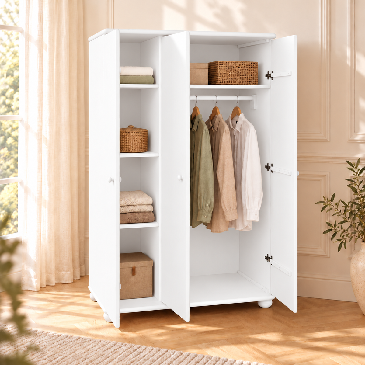 Claudia Kleiderschrank aus Bio Kiefer Massivholz | 3-Türig mit 5-Regalböden und Kleiderstange