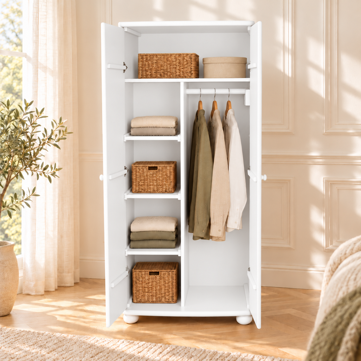 Claudia Kleiderschrank 100% Bio Kiefer | 2-Türig mit Kleiderstange und Regalfächer aus massivem Holz