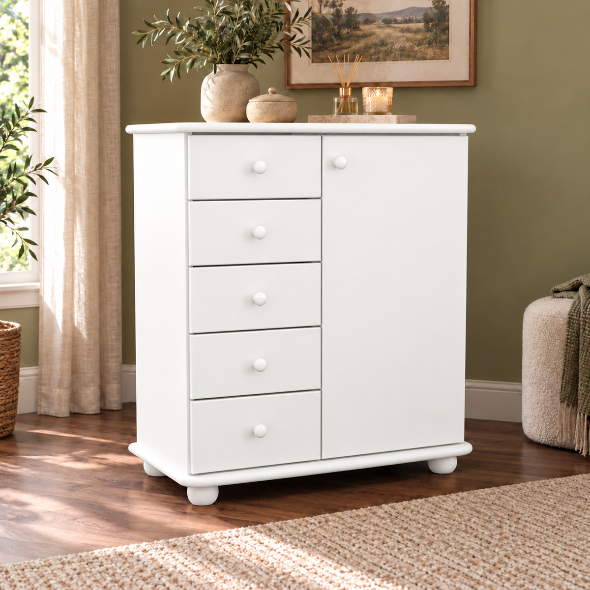Anika Kommode Bio Kiefer Massivholz | Sideboard mit 5 Schubladen und 1 Tür