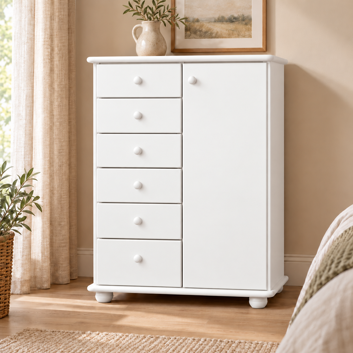 Anika Kommode 100% Bio Kiefer Massivholz | Sideboard mit 6 Schubladen und 1 Tür aus solidem Holz