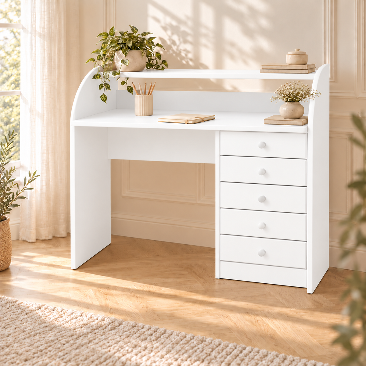 Claudia Schreibtisch 5 Schubladen Massivholz - Bürotisch aus 100% Bio-Kiefer