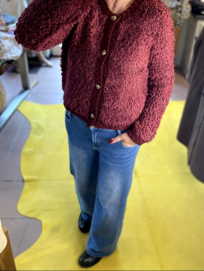 Cardigan Strickjacke Bouclé Bordeaux Rot Goldknöpfe Alpaka Wolle, One Size - von CHOICE C100