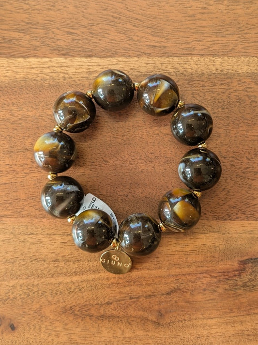 Zeigen Sie Ihre Persönlichkeit mit unserem großartigen elastischem Armband mit dicken Perlen aus Acryl und Kupfer in Perlmutt Coffee Braun Gold!