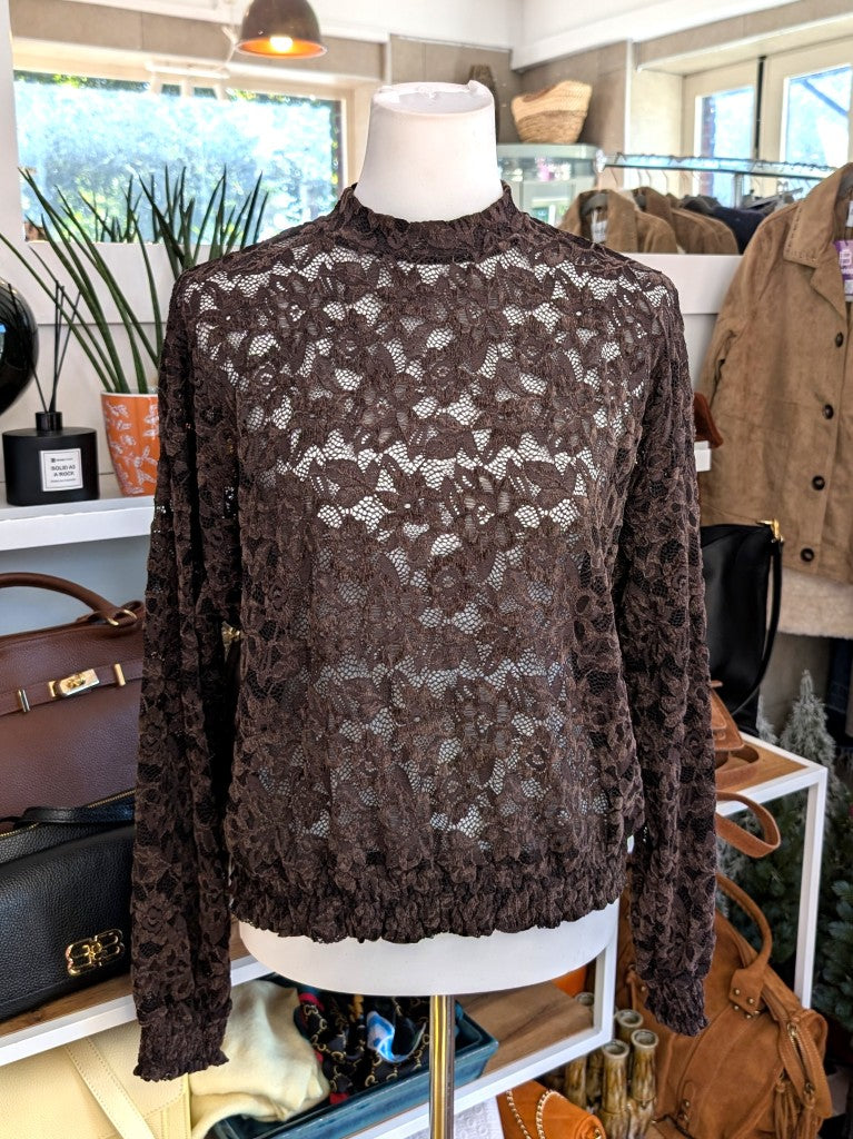 Elegante Langarm Bluse Braun mega Elastizität seidig weich, hochwertige Spitzenstoffmischung. Ideal für stilvolle Alltagskombinationen oder elegante Abende.