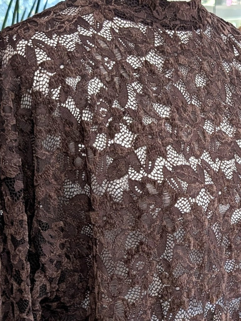 Elegante Langarm Bluse Braun mega Elastizität seidig weich, hochwertige Spitzenstoffmischung. Ideal für stilvolle Alltagskombinationen oder elegante Abende.