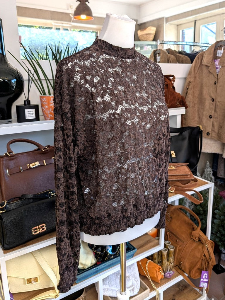 Elegante Langarm Bluse Braun mega Elastizität seidig weich, hochwertige Spitzenstoffmischung. Ideal für stilvolle Alltagskombinationen oder elegante Abende.