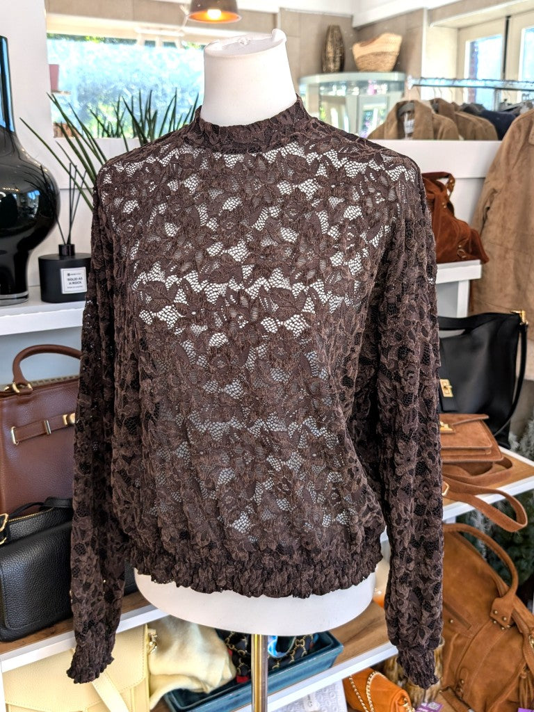 Elegante Langarm Bluse Braun mega Elastizität seidig weich, hochwertige Spitzenstoffmischung. Ideal für stilvolle Alltagskombinationen oder elegante Abende.
