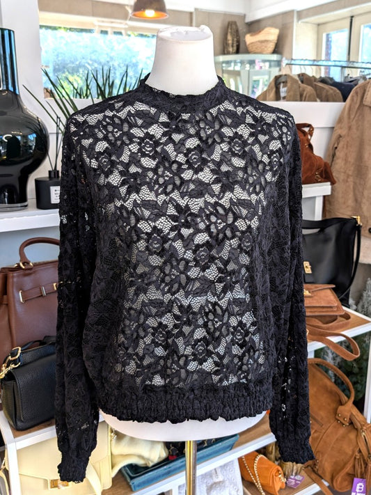 Elegante Langarm Bluse Schwarz mega Elastizität seidig weich, hochwertige Spitzenstoffmischung. Ideal für stilvolle Alltagskombinationen oder elegante Abende.