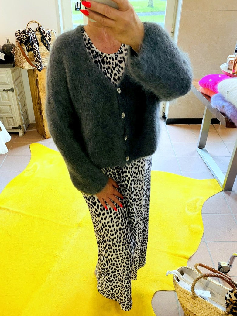Cardigan Strickjacke Mohair 80% Anthrazit mit glitzernden Silberknöpfen One Size 30030