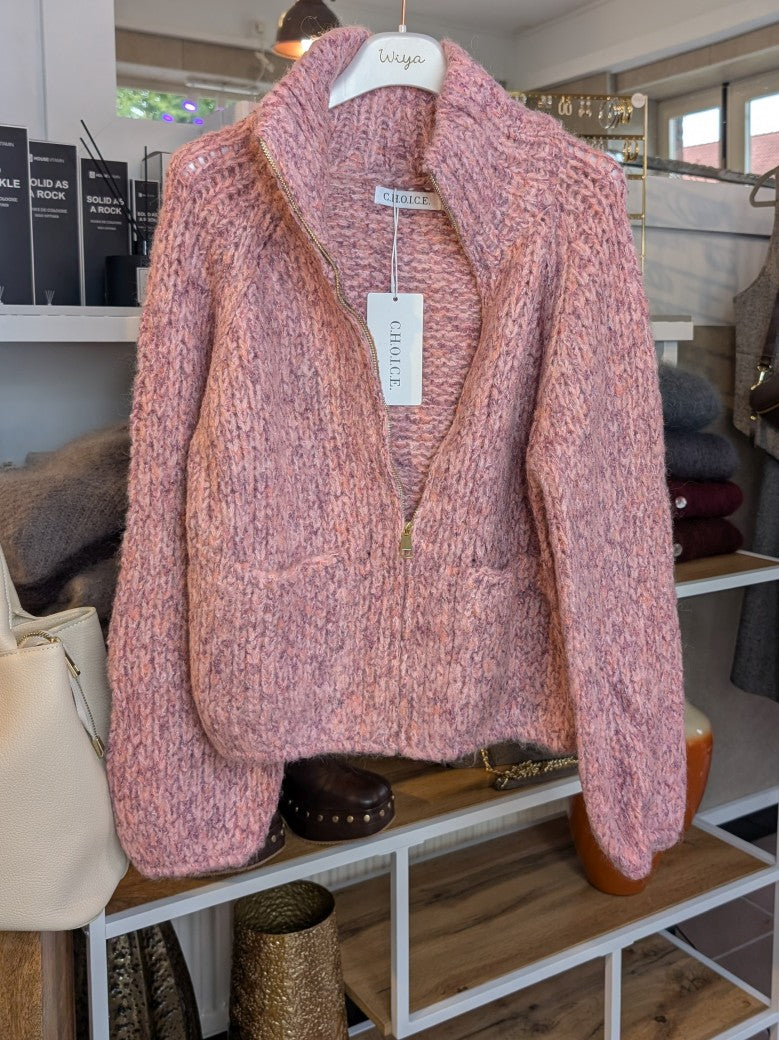 Die Zipper Strickjacke in hochwertiger Mischung aus Viskose, Nylon und Wolle in Pink mit Rosa Lila Apricots Gelb hat stilvolles Design und Tragekomfort!