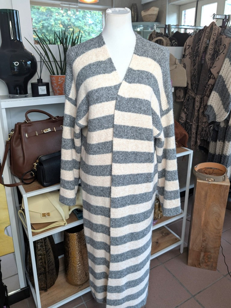Eleganter weicher langer offener Cardigan, Alpaka Wolle gestreift Grau Créme - ideal als Layering-Piece für Frühling, Herbst und als eichte Übergangsschicht.