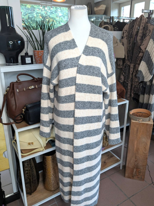 Eleganter weicher langer offener Cardigan, Alpaka Wolle gestreift Grau Créme - ideal als Layering-Piece für Frühling, Herbst und als eichte Übergangsschicht.
