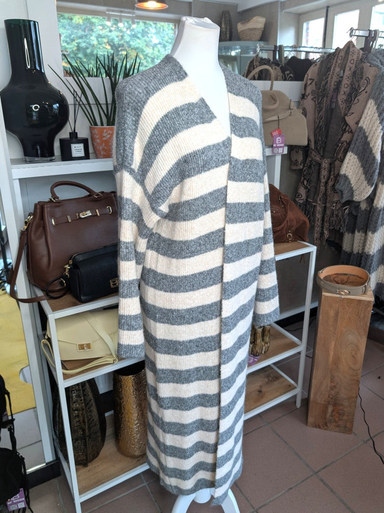Eleganter weicher langer offener Cardigan, Alpaka Wolle gestreift Grau Créme - ideal als Layering-Piece für Frühling, Herbst und als eichte Übergangsschicht.