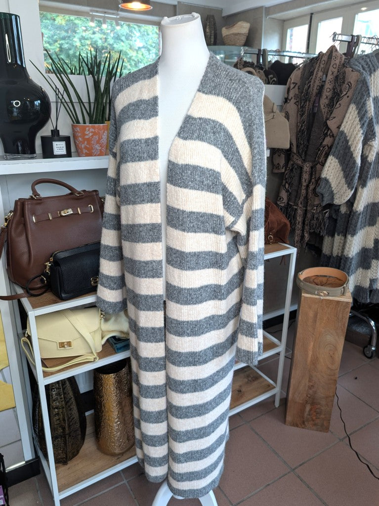 Eleganter weicher langer offener Cardigan, Alpaka Wolle gestreift Grau Créme - ideal als Layering-Piece für Frühling, Herbst und als eichte Übergangsschicht.