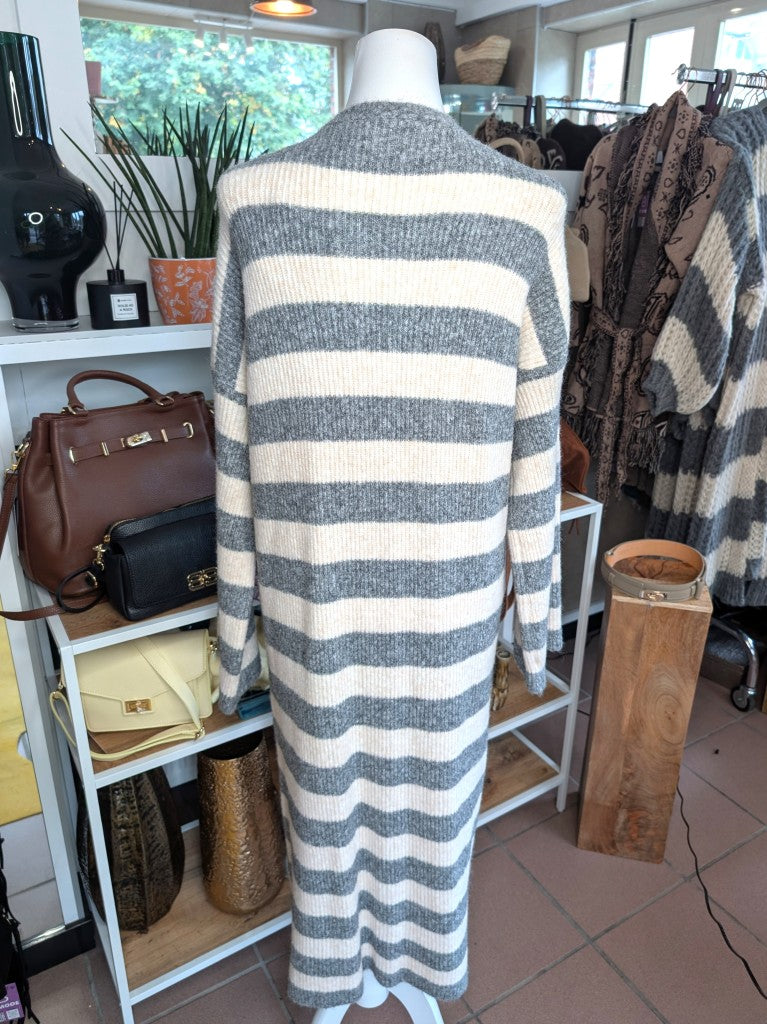 Eleganter weicher langer offener Cardigan, Alpaka Wolle gestreift Grau Créme - ideal als Layering-Piece für Frühling, Herbst und als eichte Übergangsschicht.