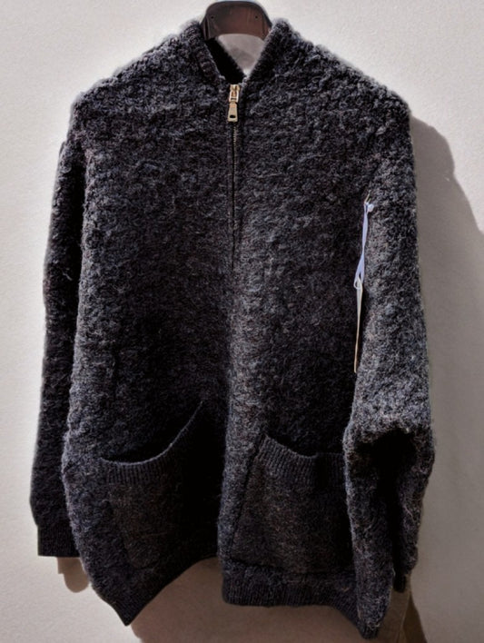 Bomberjacke mit Kapuze, Cardigan Strickjacke, Schwarz, mit Reißverschluss, Größe S/M