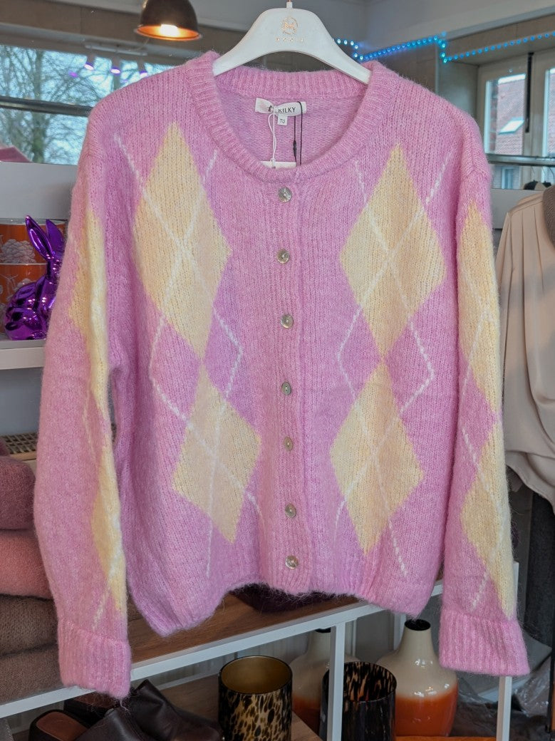 Klassiker Strickjacke  mit Perlmuttknöpfen und charakteristischem Rautenmuster in Trendfarben Rosa Gelb. Perfekt für casual über Shirt oder elegant zu Kleidern!