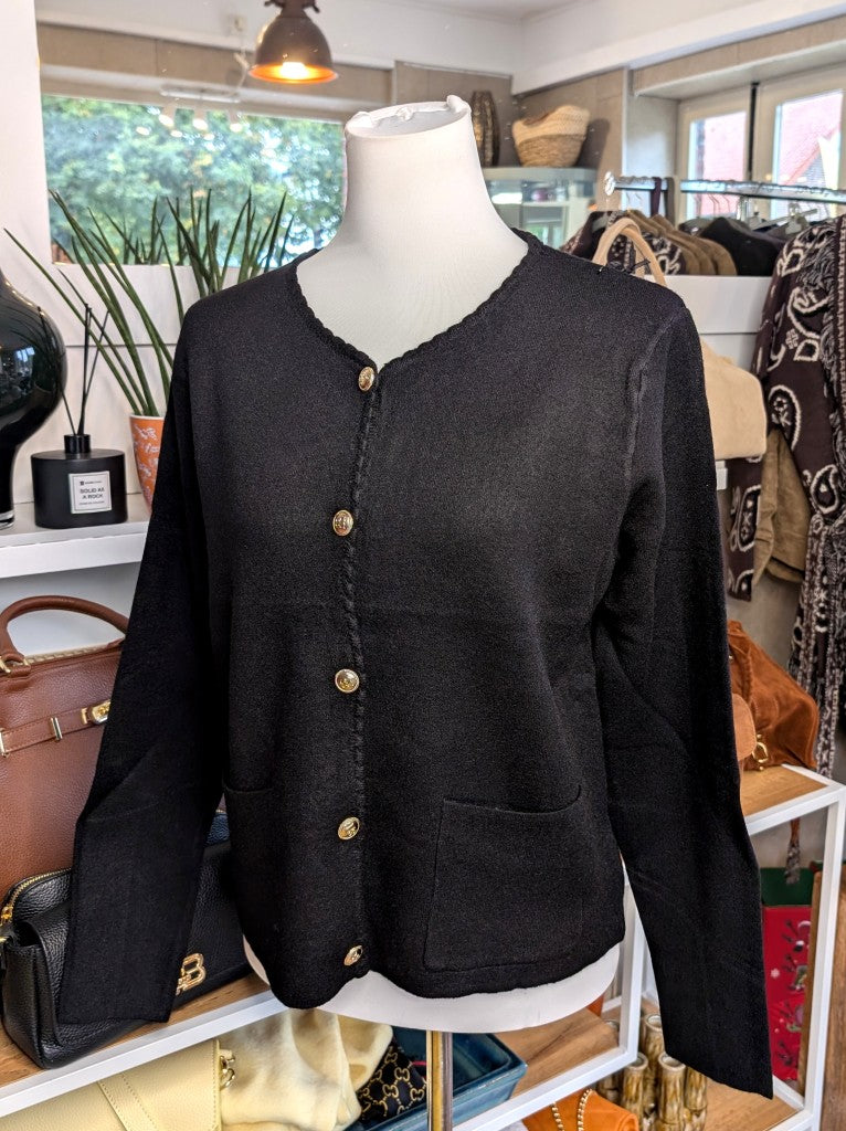 Elegante klassisch schwarze Strickjacke aus hochwertiger Viskose-Woll-Mischung mit Goldknöpfen, praktischen Taschen und zeitlosem Design - casual bis elegant