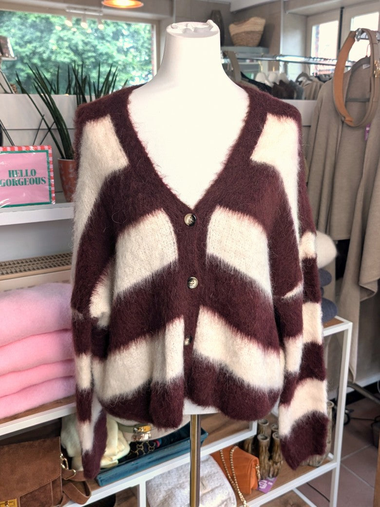 Weiche elegante Strickjacke aus Kid Mohair Wolle mit Perlmuttknöpfen, raffinierter Look durch breite Streifen Burgundy Weiß – perfekt zu Jeans Röcken Hosen.