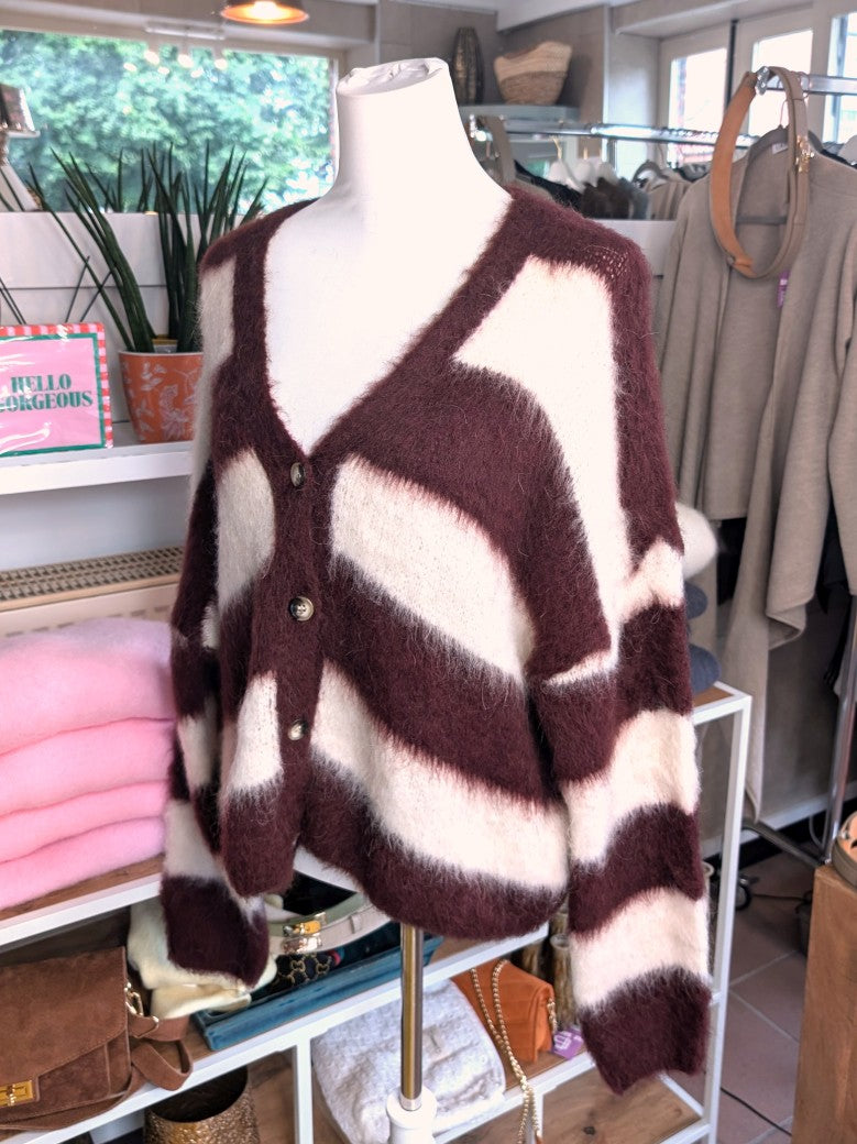 Weiche elegante Strickjacke aus Kid Mohair Wolle mit Perlmuttknöpfen, raffinierter Look durch breite Streifen Burgundy Weiß – perfekt zu Jeans Röcken Hosen.