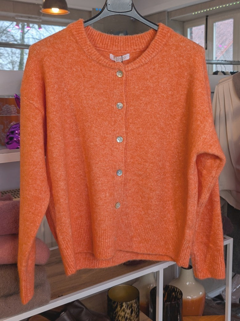 Zeitlos elegante Strickjacke in Orange aus weicher hochwertiger Viskose mit Perlmuttknöpfen - perfekt als Layering-Piece oder eigenständiges Statement-Piece!
