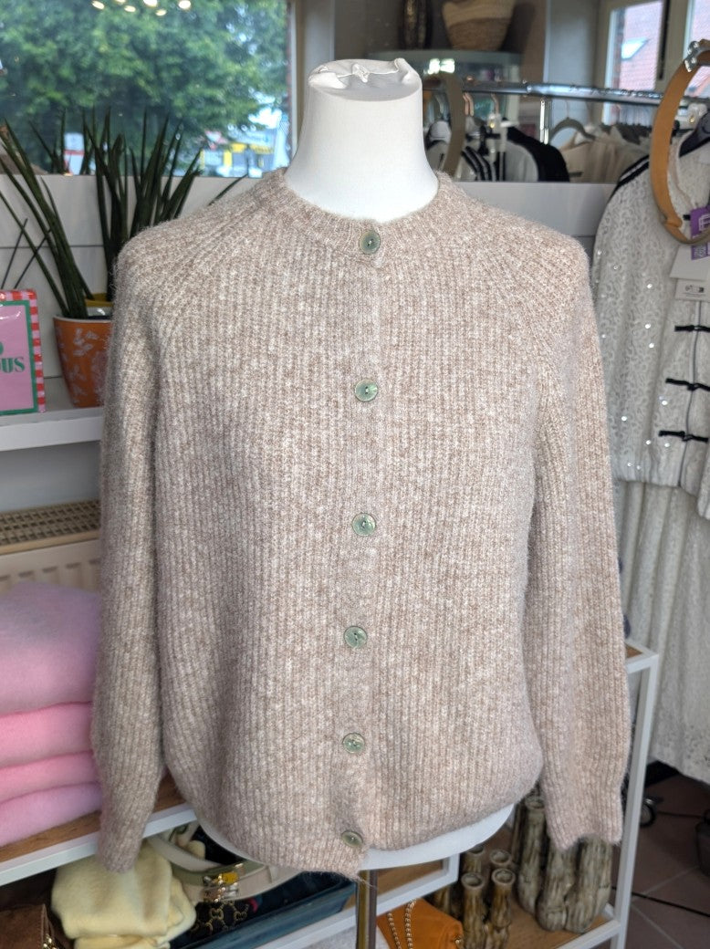 Elegante Cardigan Strickjacke in Taupe Weiß meliert mit hellen Perlmuttknöpfen und weicher fein gerippte Struktur - verleiht jedem Outfit eine raffinierte Note!