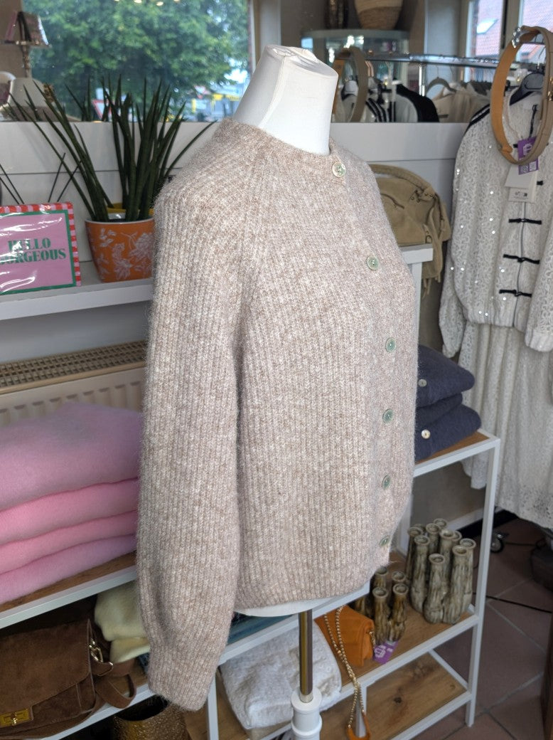 Elegante Cardigan Strickjacke in Taupe Weiß meliert mit hellen Perlmuttknöpfen und weicher fein gerippte Struktur - verleiht jedem Outfit eine raffinierte Note!