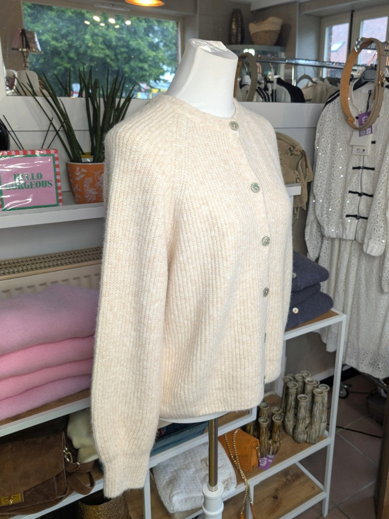 Elegante Cardigan Strickjacke in Beige Weiß meliert mit hellen Perlmuttknöpfen und weicher fein gerippte Struktur - verleiht jedem Outfit eine raffinierte Note!