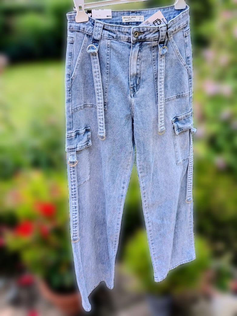 Cargohose Jeans Jeanscargohose Hose Blau mit Seitentaschen für Damen