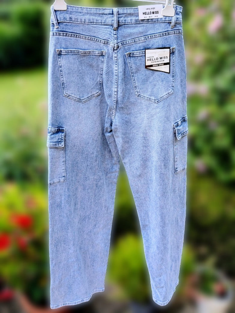 Cargohose Jeans Jeanscargohose Hose Blau mit Seitentaschen für Damen