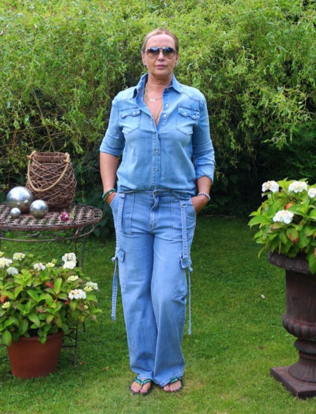 Cargohose Jeans Jeanscargohose Hose Blau mit Seitentaschen für Damen
