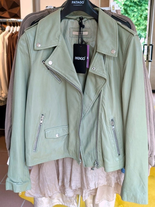 Exklusive Damen Bikerjacke Lederjacke aus weichem Leder in Salbei Grün Khaki - PATAGO