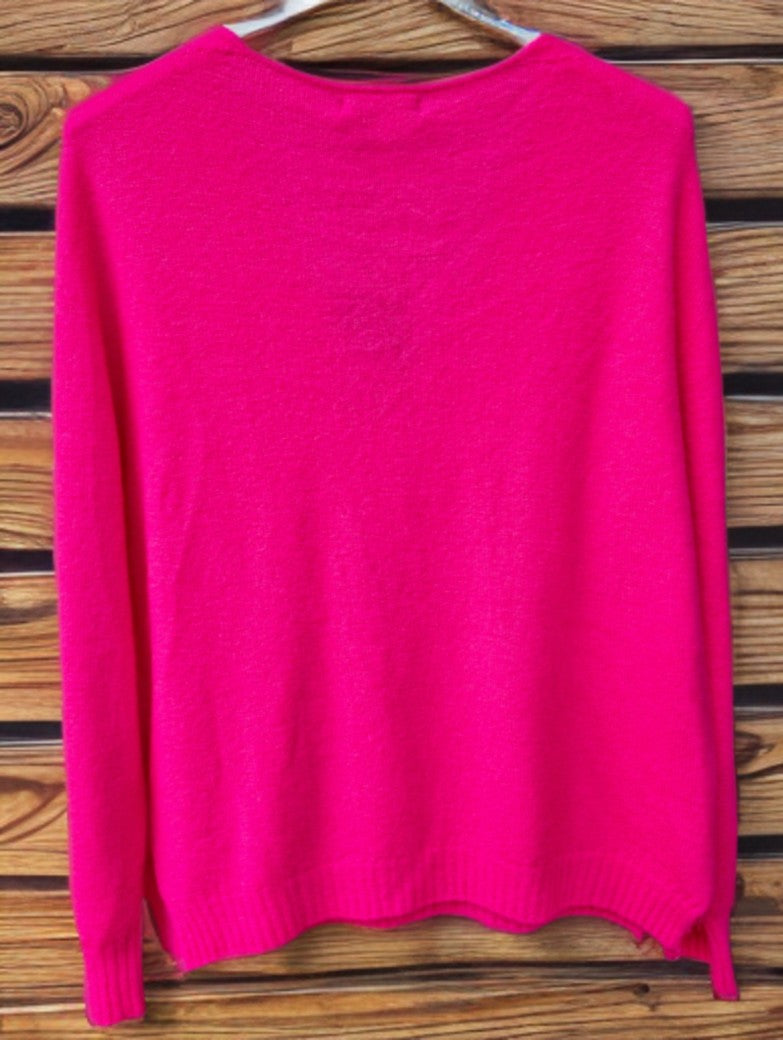 Flausch Pullover Alpaka Langarm V Ausschnitt Neon Pink One Size